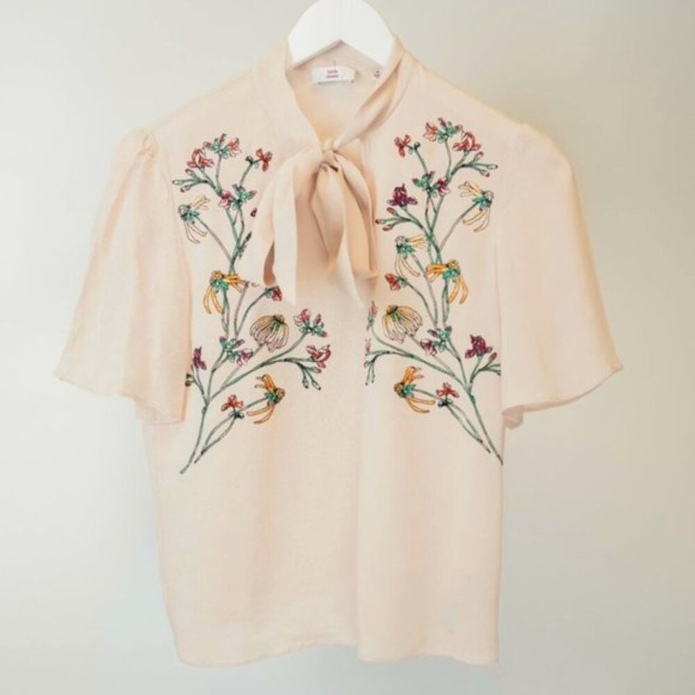 Little Moon Zinnia Peach Embroidered Tie-Neck Blouse